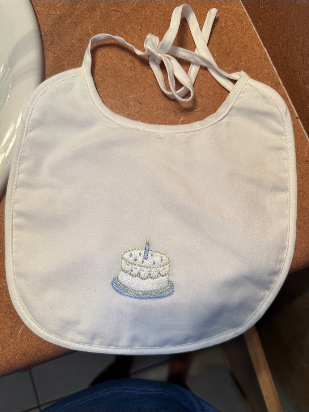 Strasburg White Baby Bib with Birthday Cake Embroidery